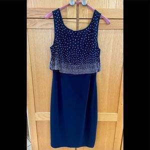 Joseph Ribkoff navy dress with embellished top. Great cocktail dress. Size 8.